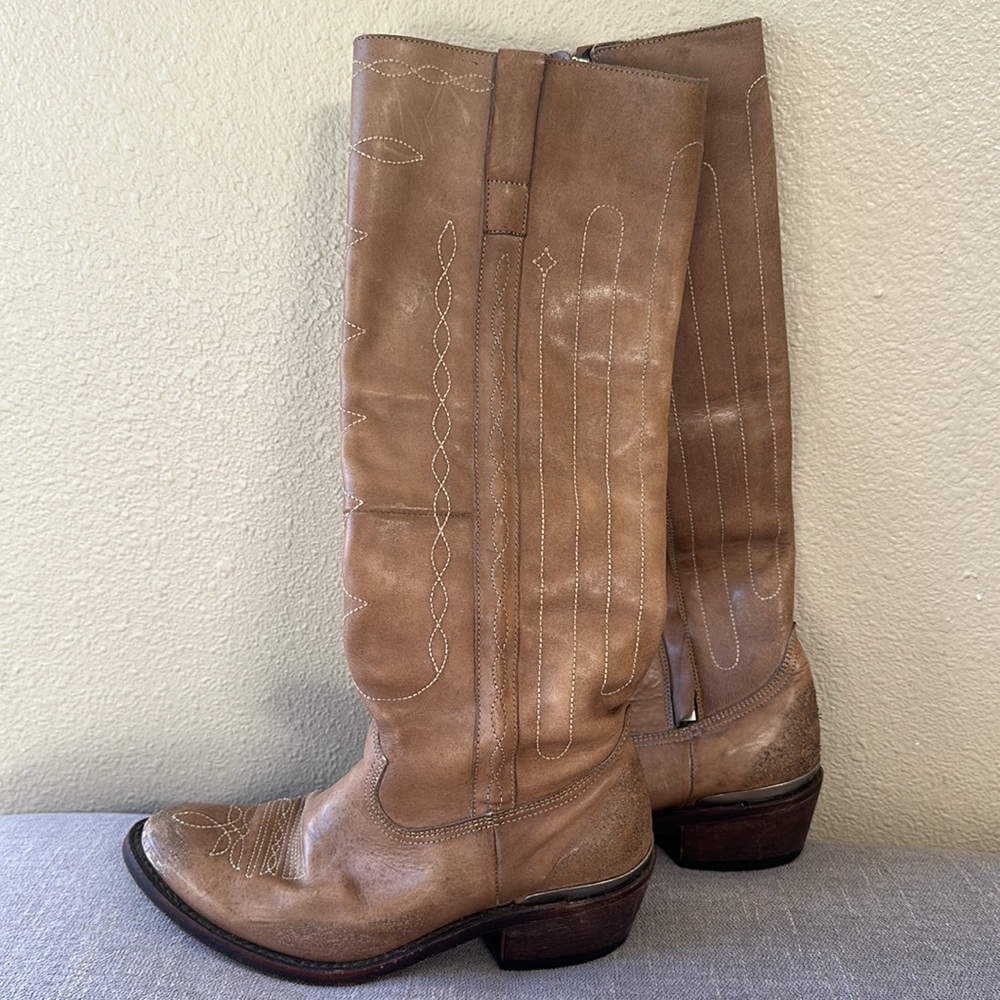 RARE Golden Goose Tan Distressed Side Zip Leather Western Riding Boots Size 36 - Picture 1 of 13